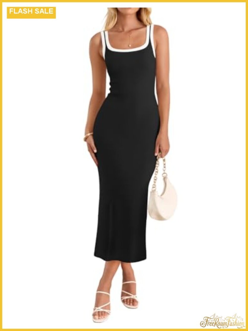 Sleeveless Bodycon Midi Dress with Square Neck and Side Slit